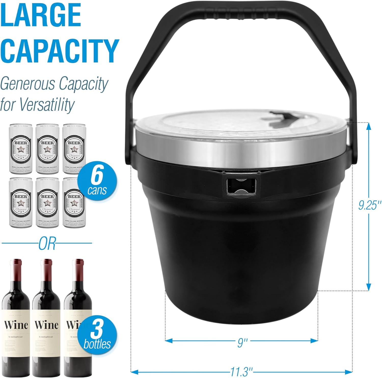 Insulated Ice Bucket with Lid and Scoop - Extra Large Double-Walled Ice Bucket for Parties, Cocktail Bar, Stainless Steel Wine Chiller, Beverage Tub with Handle and Bottle Opener (Black)